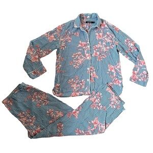 Lauren Ralph Lauren Blue Pink Floral Striped Pajamas Set Women size Medium